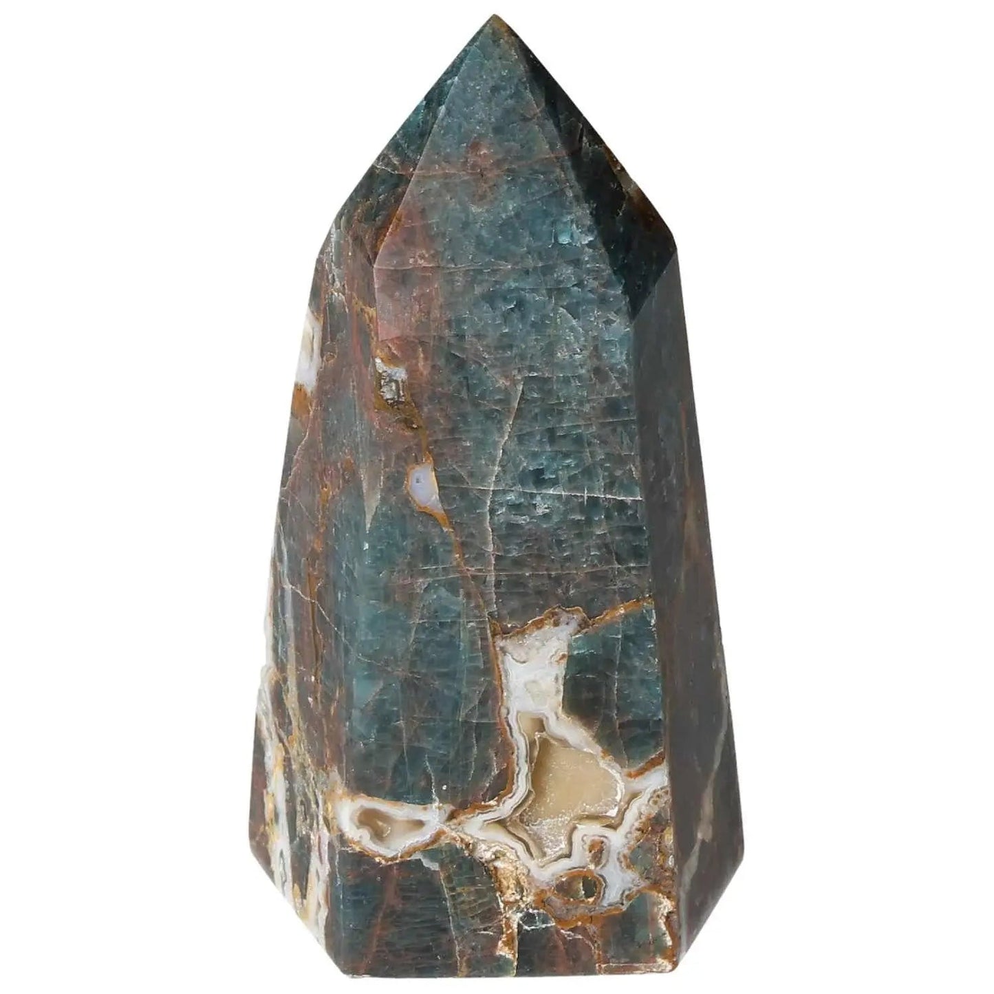 Apatite Obelisk by Sylvia Crystals, showcasing its elegant design and premium quality for spiritual growth and decoration.