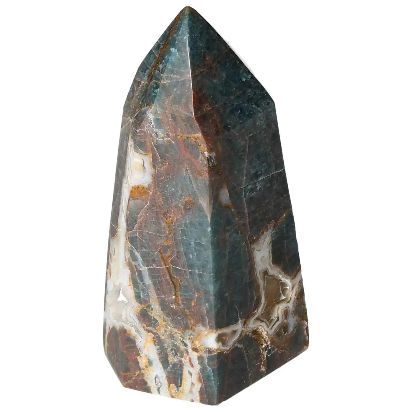 Apatite Obelisk from Sylvia Crystals, showcasing a polished stone designed for spiritual growth and decorative elegance.