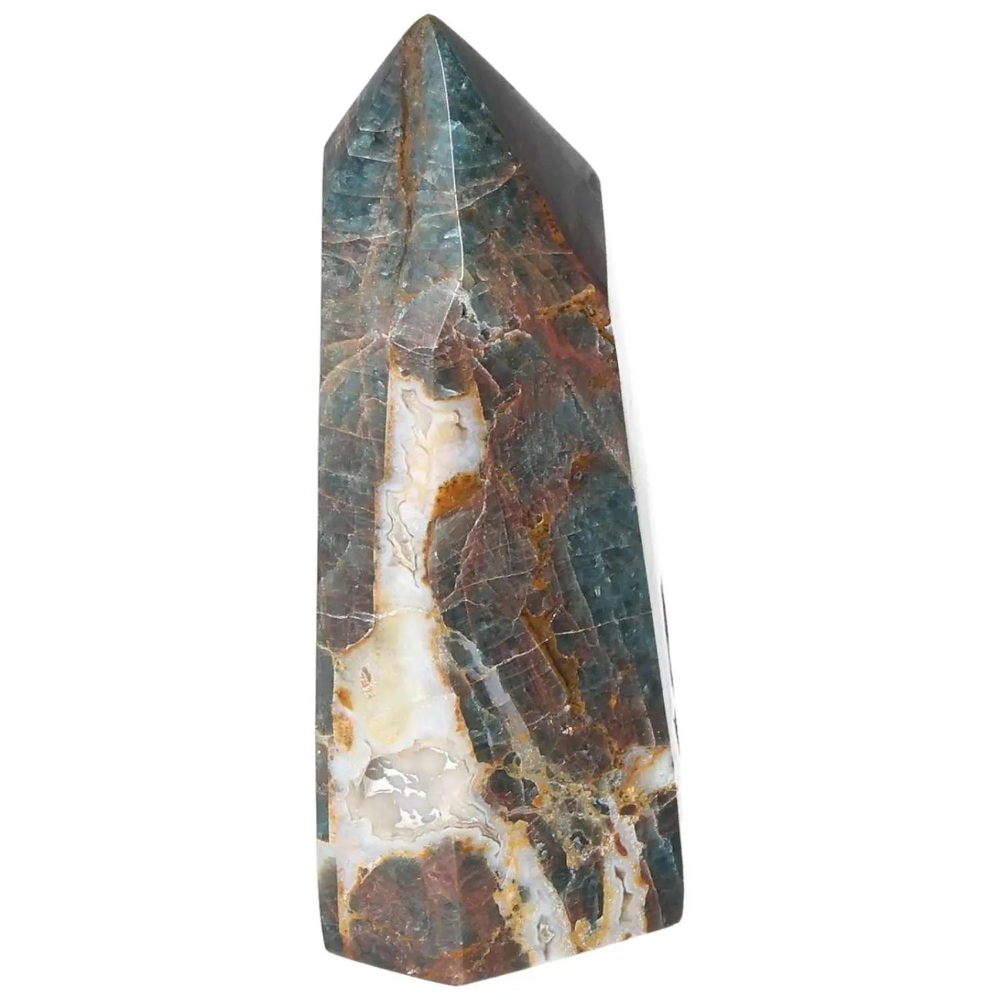 Apatite Obelisk from Sylvia Crystals, showcasing elegant design and spiritual growth benefits, high-quality handcrafted crystal.