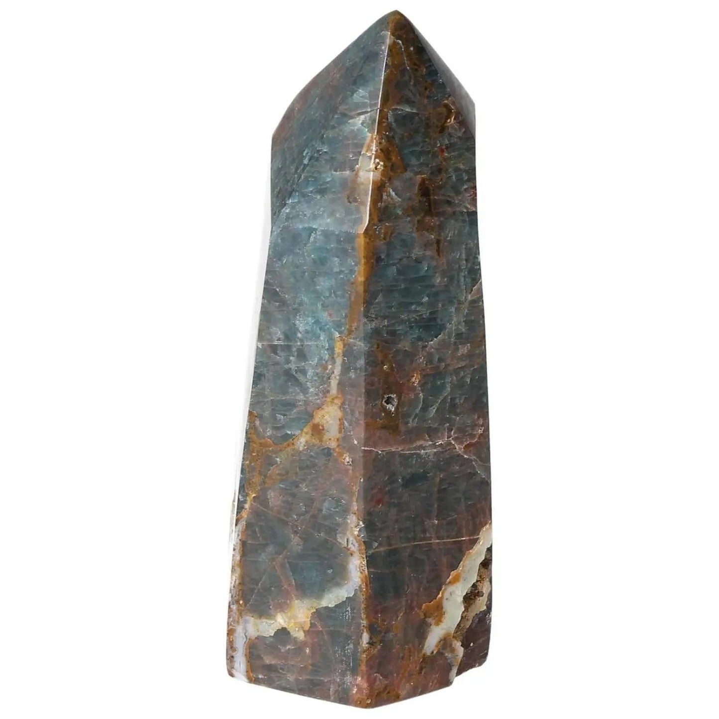 Elegant Apatite Obelisk from Sylvia Crystals, showcasing its premium quality and spiritual significance in earthy tones.