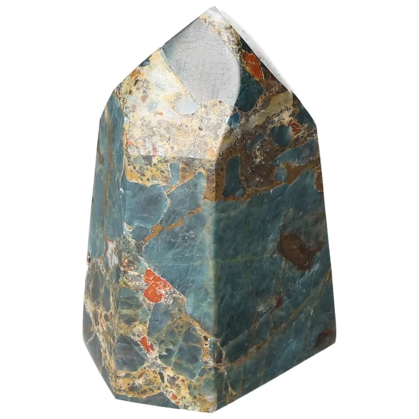 Apatite Obelisk by Sylvia Crystals, showcasing vibrant colors and unique patterns, symbolizing harmony between spirit and matter.