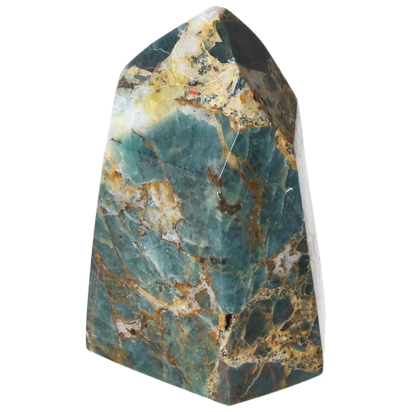 Stunning Apatite Obelisk by Sylvia Crystals, showcasing vivid blue and green hues with intricate patterns, symbolizing harmony and elegance.
