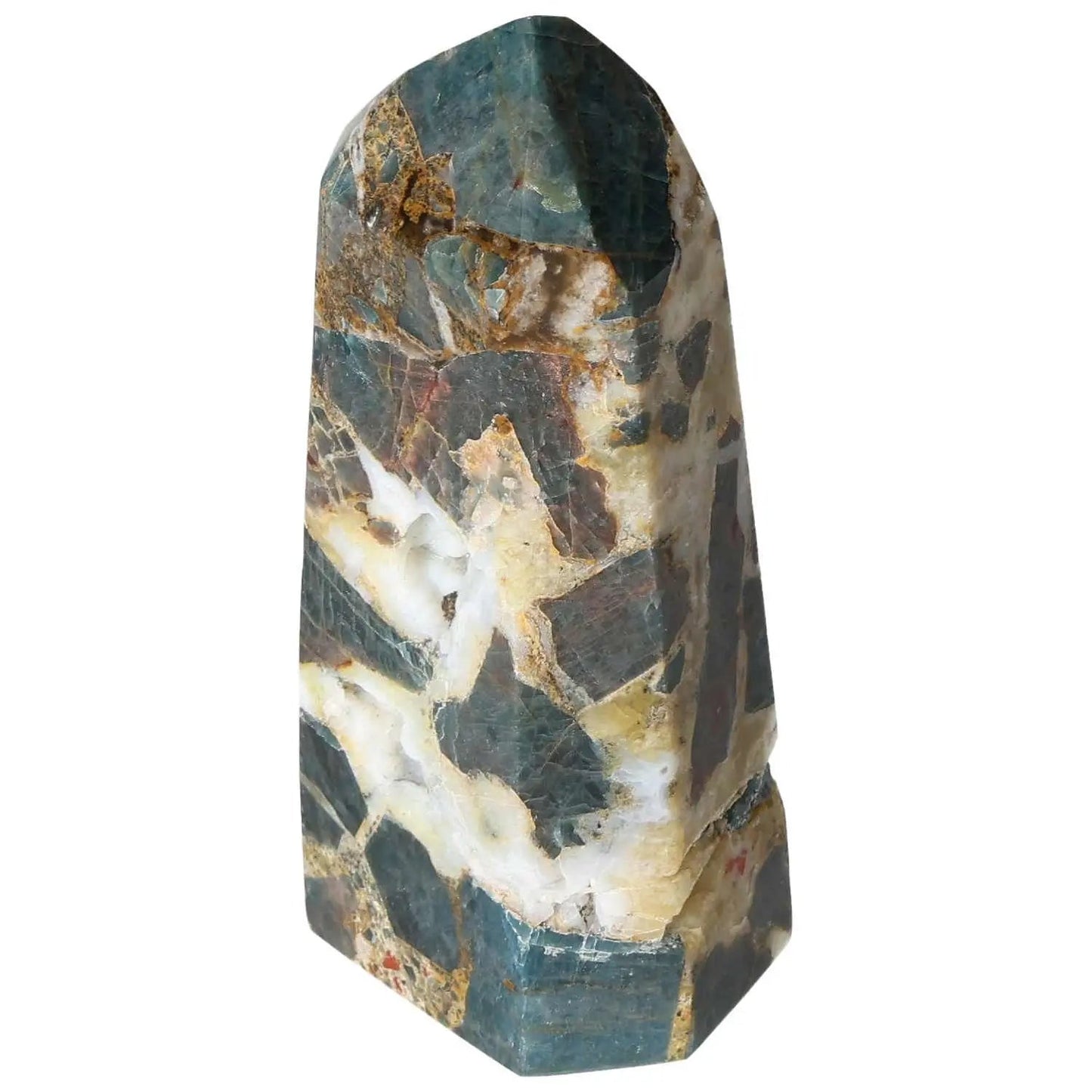 Apatite Obelisk from Sylvia Crystals with blue hues, symbolizing luxury and spirituality, handcrafted for quality and authenticity.
