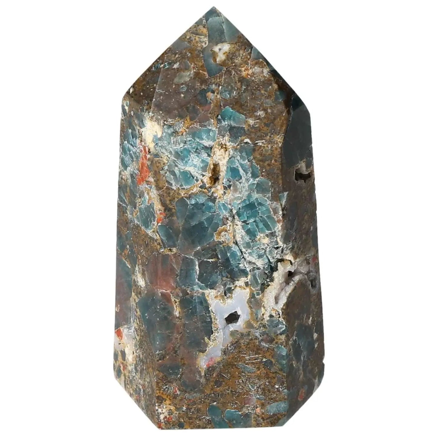 Apatite Obelisk by Sylvia Crystals, showcasing luxurious blue and brown hues, symbolizing harmony and energy in a decorative form.