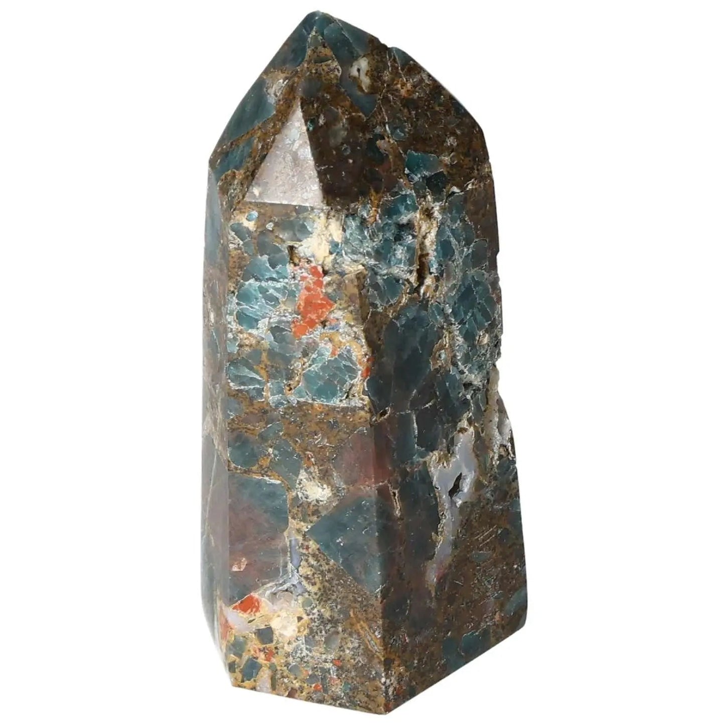 Apatite Obelisk by Sylvia Crystals, showcasing vibrant patterns and luxury aesthetics for spirit and matter harmony.
