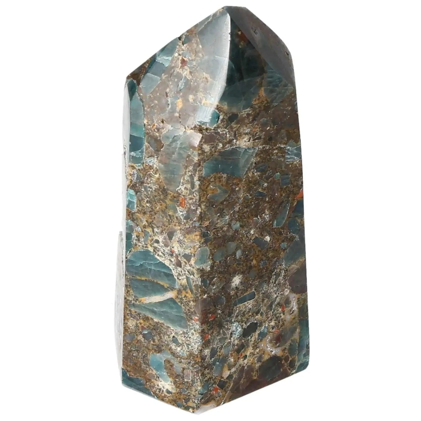 Apatite Obelisk by Sylvia Crystals, featuring natural blue and brown hues, perfect for enhancing decor with spiritual energy.