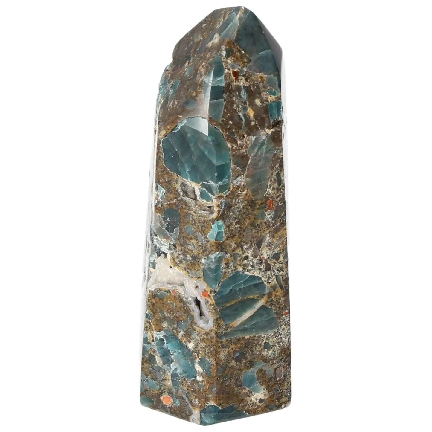 Apatite Obelisk from Sylvia Crystals, showcasing vibrant colors and intricate patterns, perfect for enhancing decor and energy.