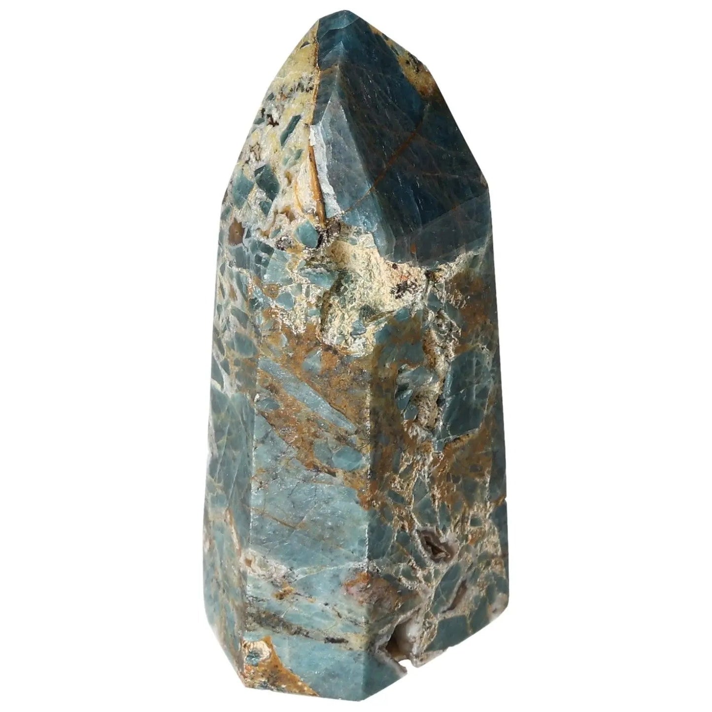 Apatite Obelisk from Sylvia Crystals, showcasing exquisite craftsmanship and vibrant blue-green hues. Ideal for energy and healing.