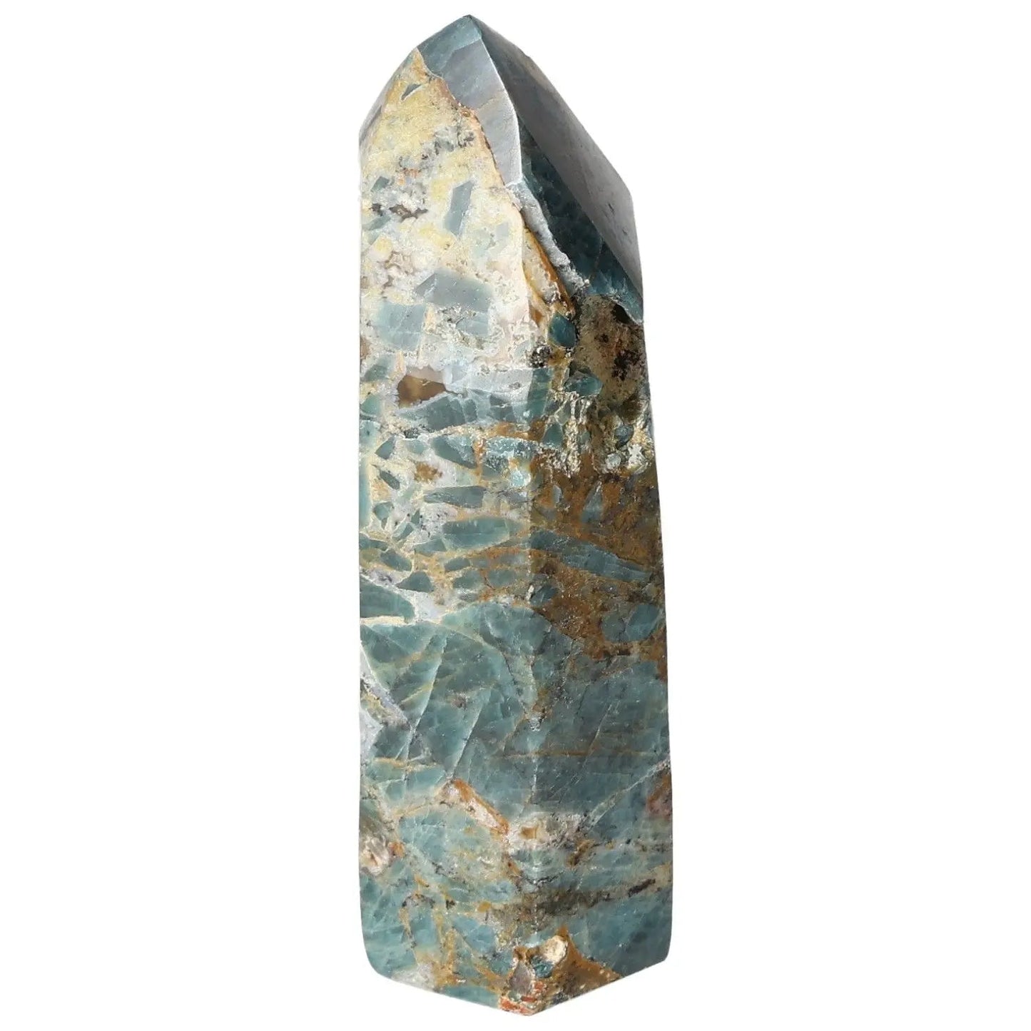 Alt Tag: Apatite Obelisk from Sylvia Crystals, showcasing unique patterns and energy, symbolizing harmony between spirit and matter.