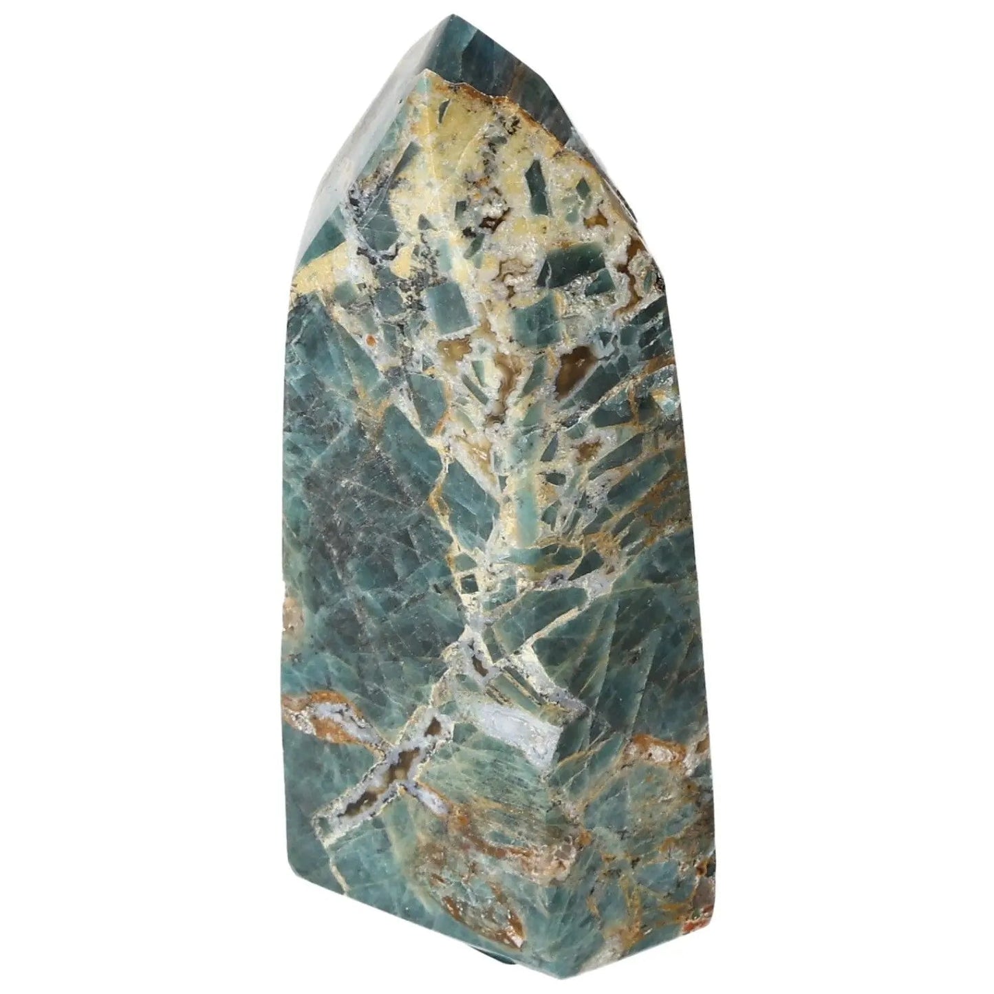 Apatite Obelisk from Sylvia Crystals, showcasing its intricate patterns and premium quality, symbolizing harmony of spirit and matter.