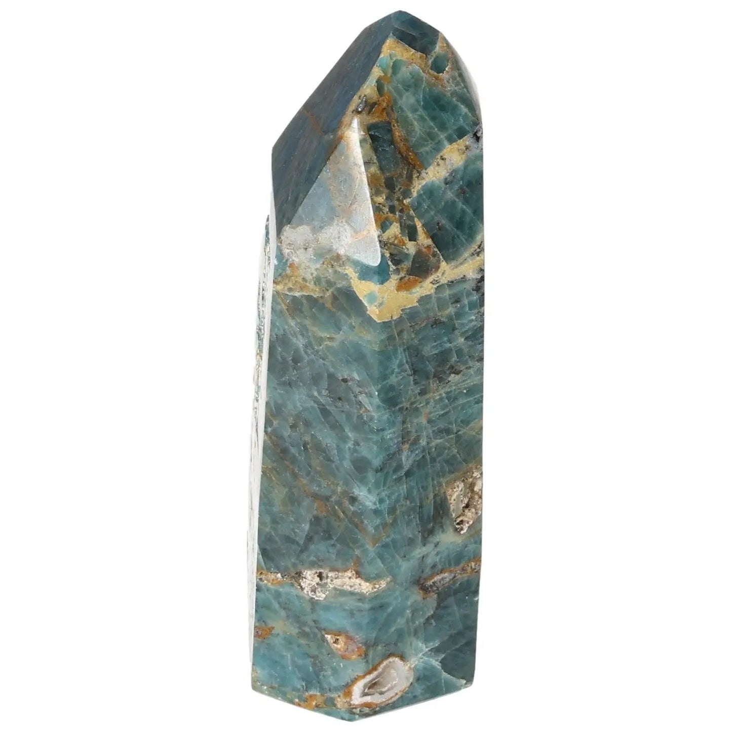 Apatite Obelisk from Sylvia Crystals, showcasing vibrant blue hues and intricate patterns, symbolizing energy and harmony.