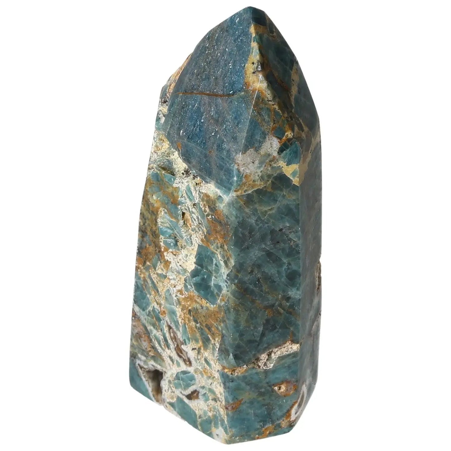 Apatite Obelisk by Sylvia Crystals, showcasing unique blue-green hues, embodies harmony and energy, perfect for spiritual decor.