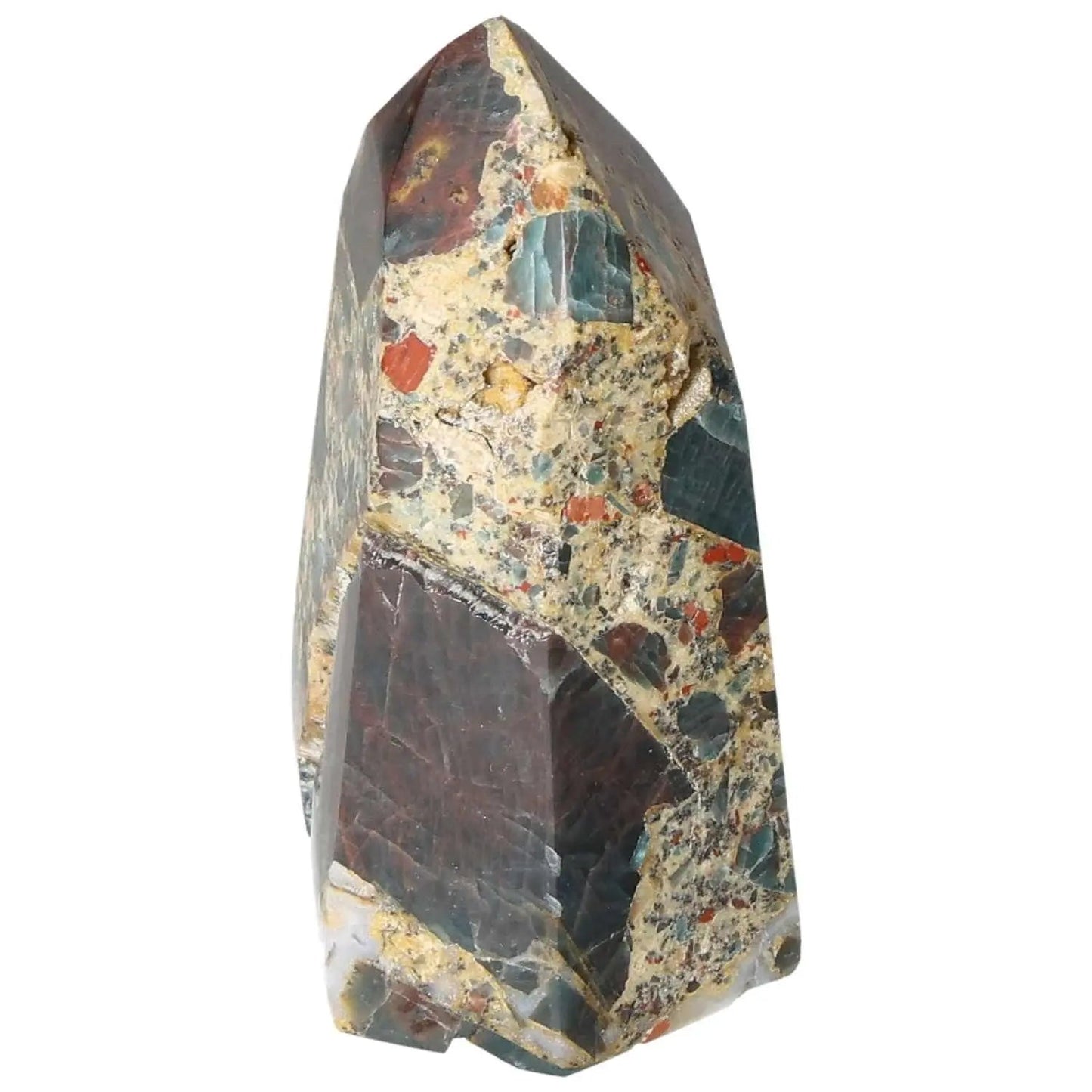 Polished apatite obelisk from Sylvia Crystals, featuring vibrant multicolored hues, perfect for spirituality and inspiration enhancement.