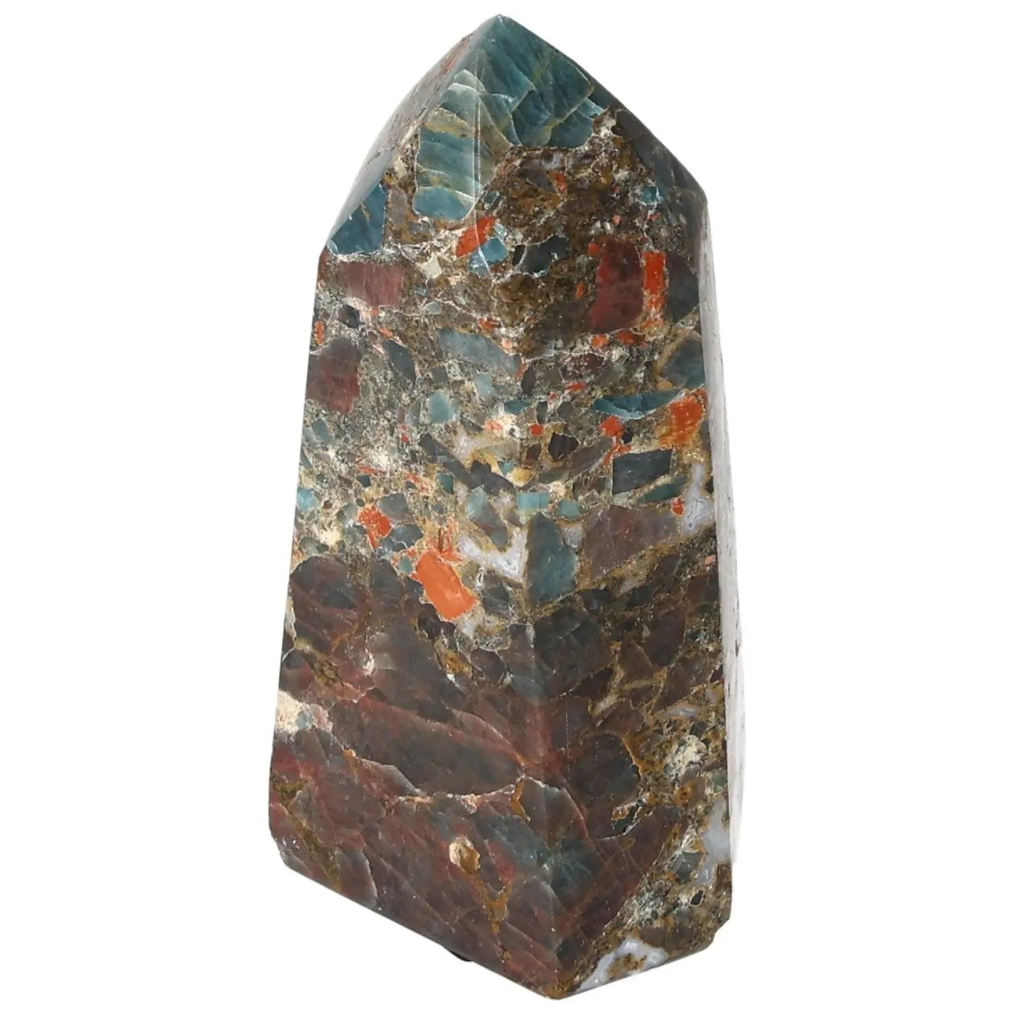 Apatite Obelisk by Sylvia Crystals showcasing luxury and artistic excellence in a unique, multicolored mineral formation.