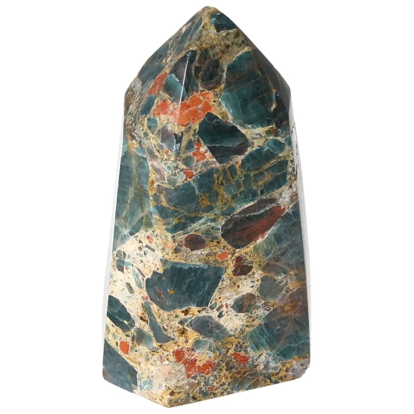 Elegant Apatite Obelisk by Sylvia Crystals, featuring vibrant blue and earthy tones, perfect for home decor and spiritual energy enhancement.