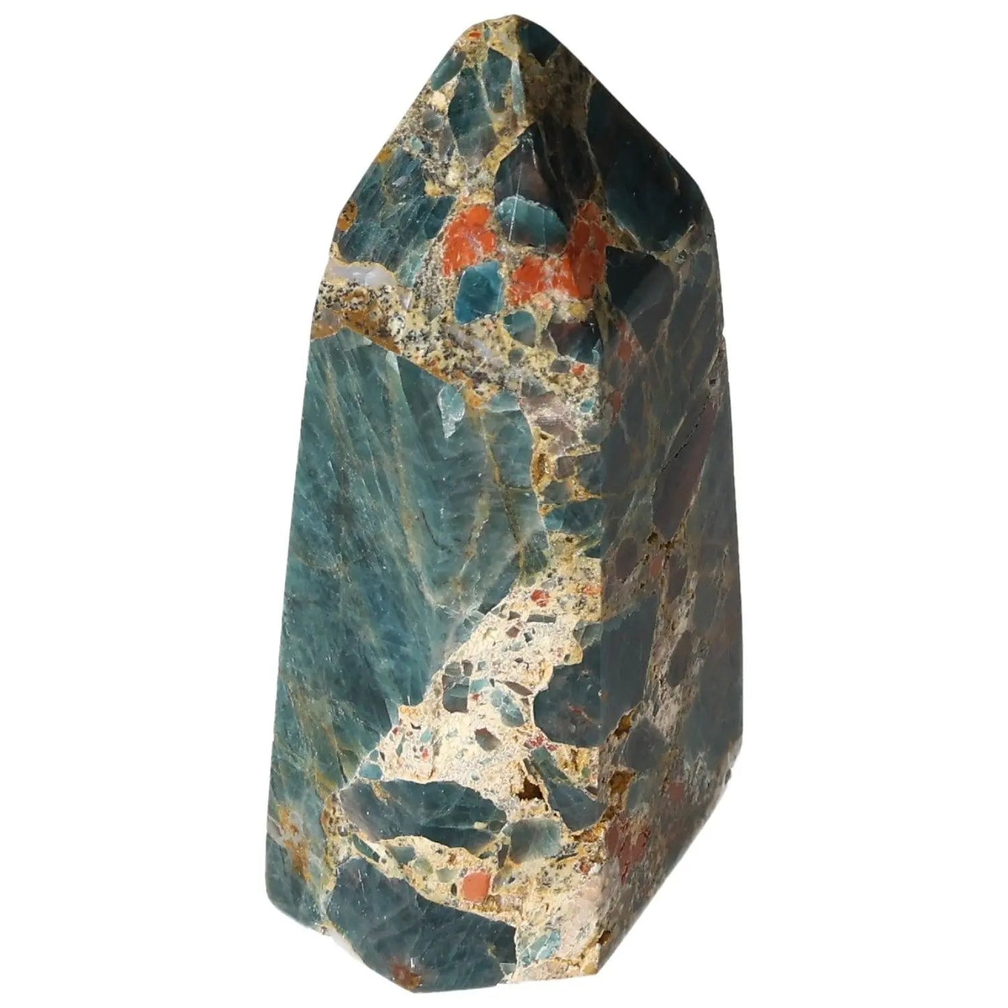 Vibrant blue Apatite Obelisk from Sylvia Crystals, showcasing natural patterns and luxury, ideal for decor and positive energy.