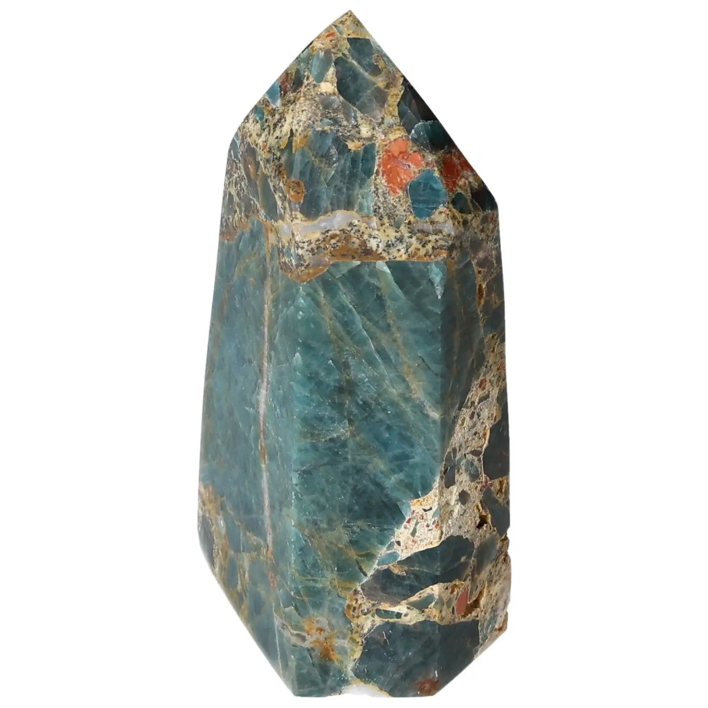 Exquisite Apatite Obelisk with vibrant blue hues, sourced from Sylvia Crystals, showcasing luxury and positive energy.