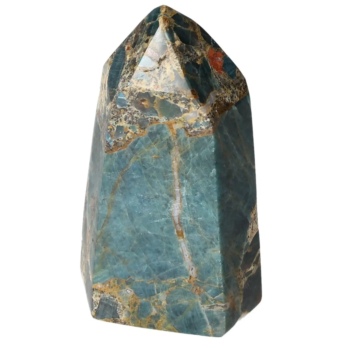 Vibrant blue Apatite Obelisk from Sylvia Crystals, showcasing luxurious craftsmanship and spiritual energy.