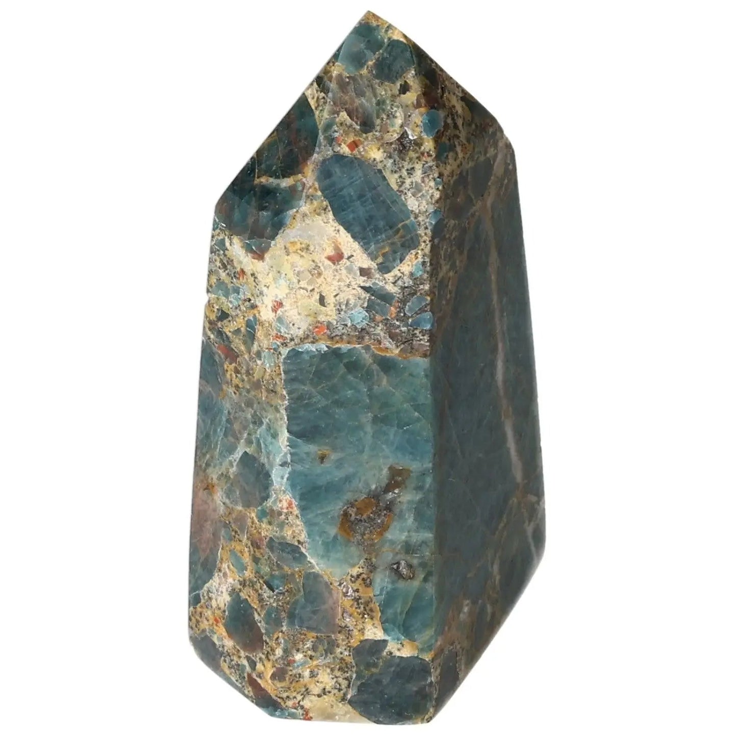 Apatite Obelisk with vibrant blue hues from Sylvia Crystals, showcasing ocean-like beauty and spiritual energy. Premium decorative gem.