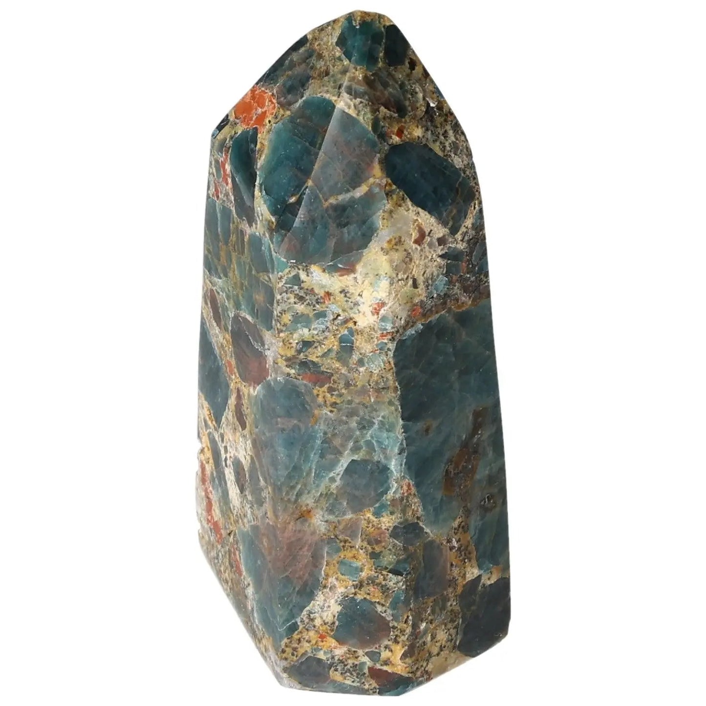 Apatite Obelisk from Sylvia Crystals showcasing vibrant blue hues, a luxurious decorative item embodying spirituality and positive energy.