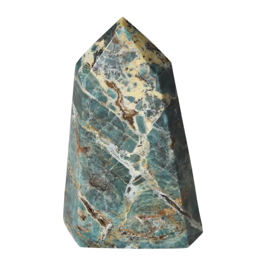 Apatite Obelisk by Sylvia Crystals featuring striking azure hues for clarity and communication, symbolizing harmony and luxury.