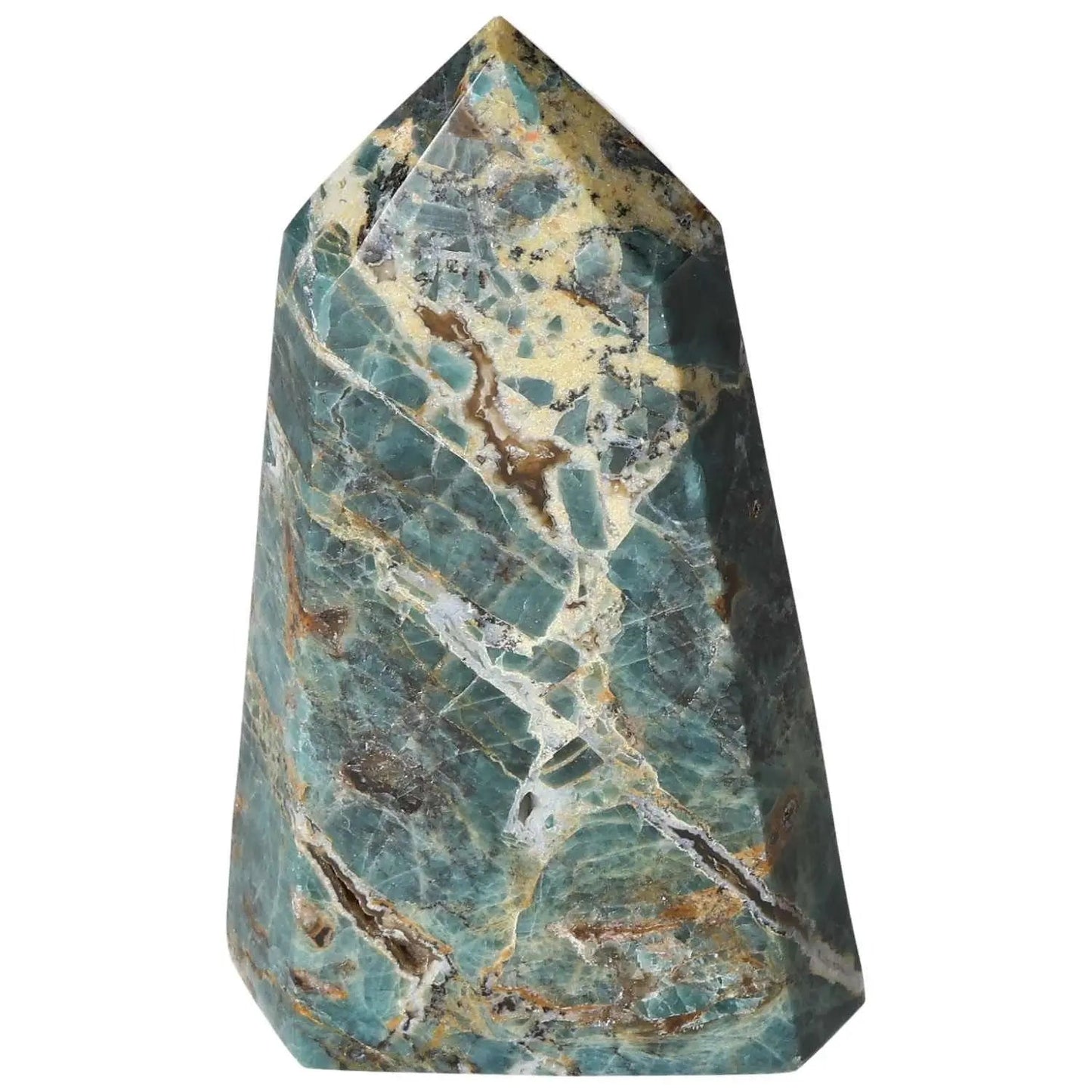 Apatite Obelisk by Sylvia Crystals, featuring a striking azure hue, symbolizing clarity and communication, handpicked for luxury living.