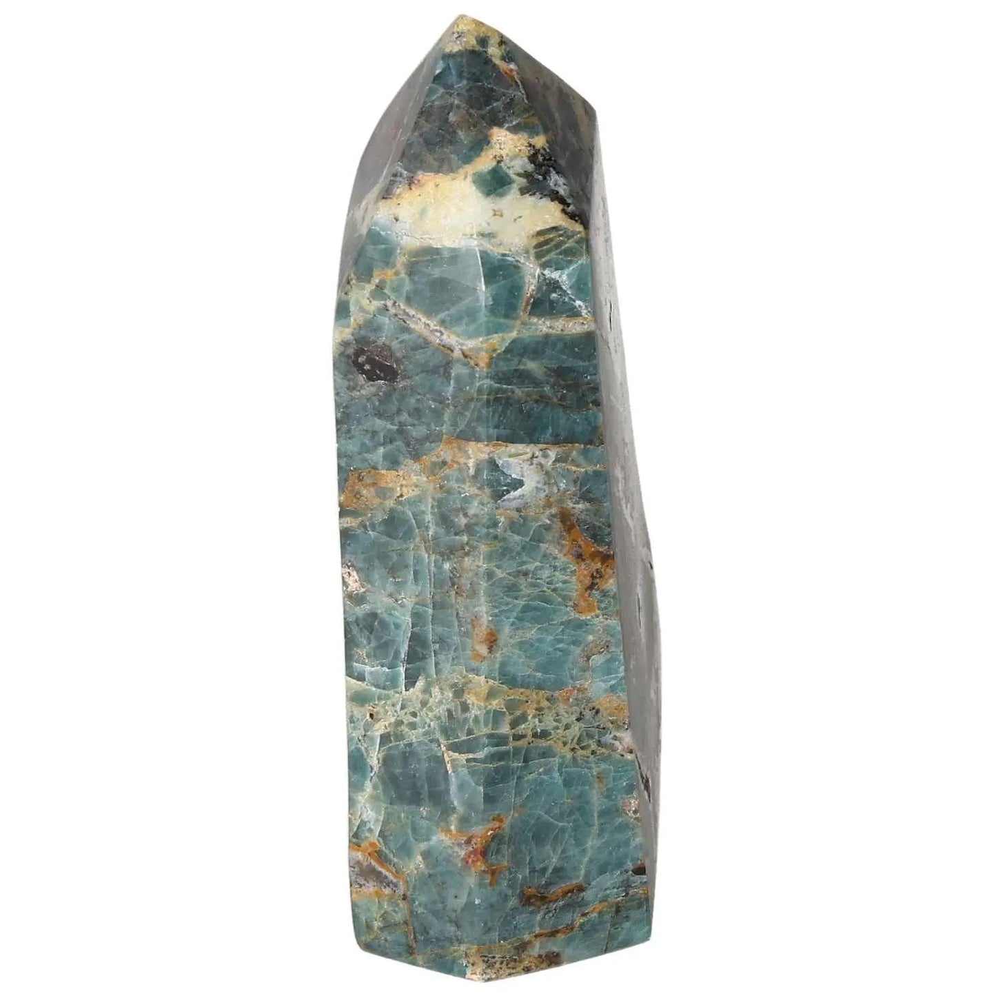 Exquisite Apatite Obelisk by Sylvia Crystals, showcasing a striking azure hue for clarity and communication, handpicked for luxury living.