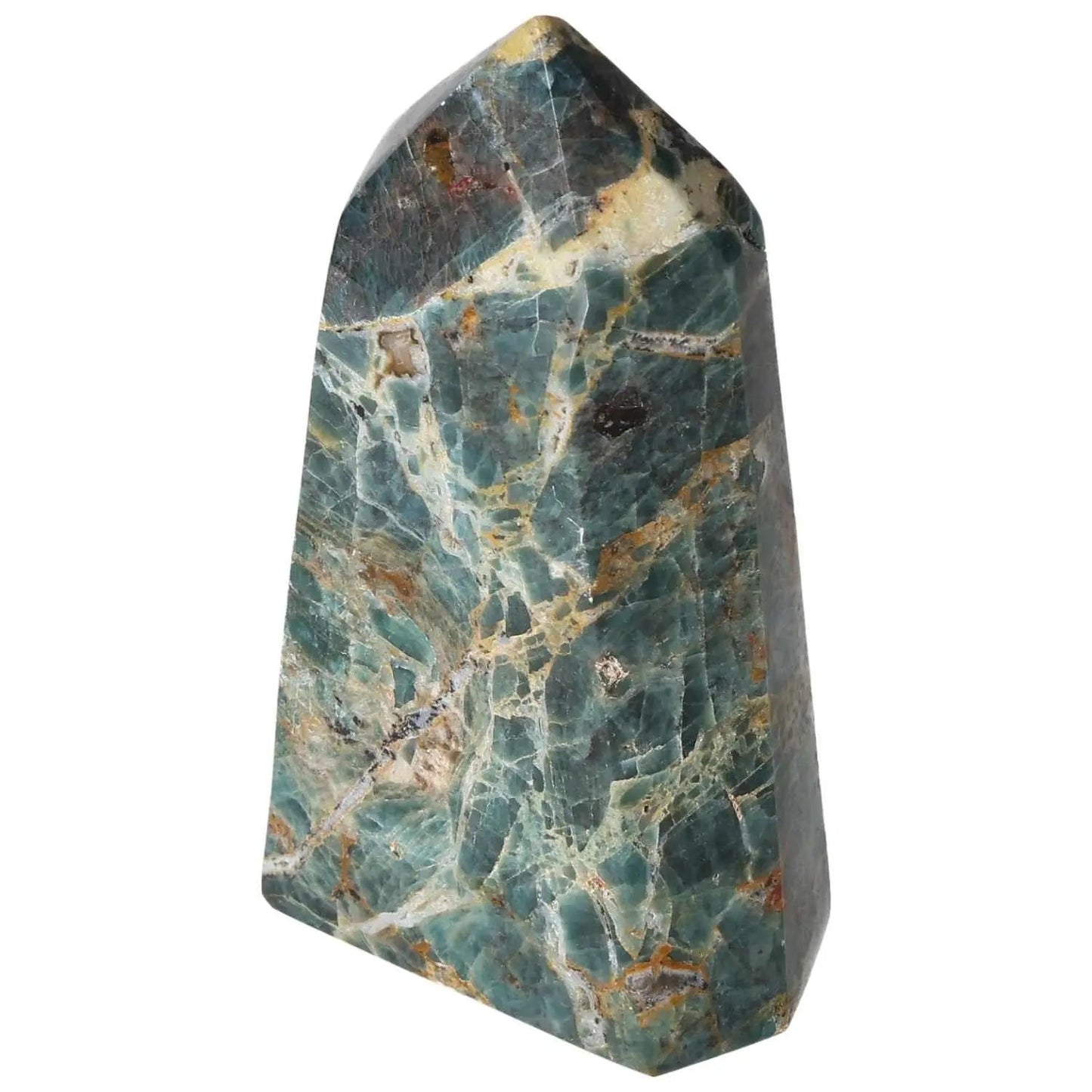 Apatite Obelisk by Sylvia Crystals showcasing its azure hue, ideal for clarity and communication, symbolizing luxury and conscious living.