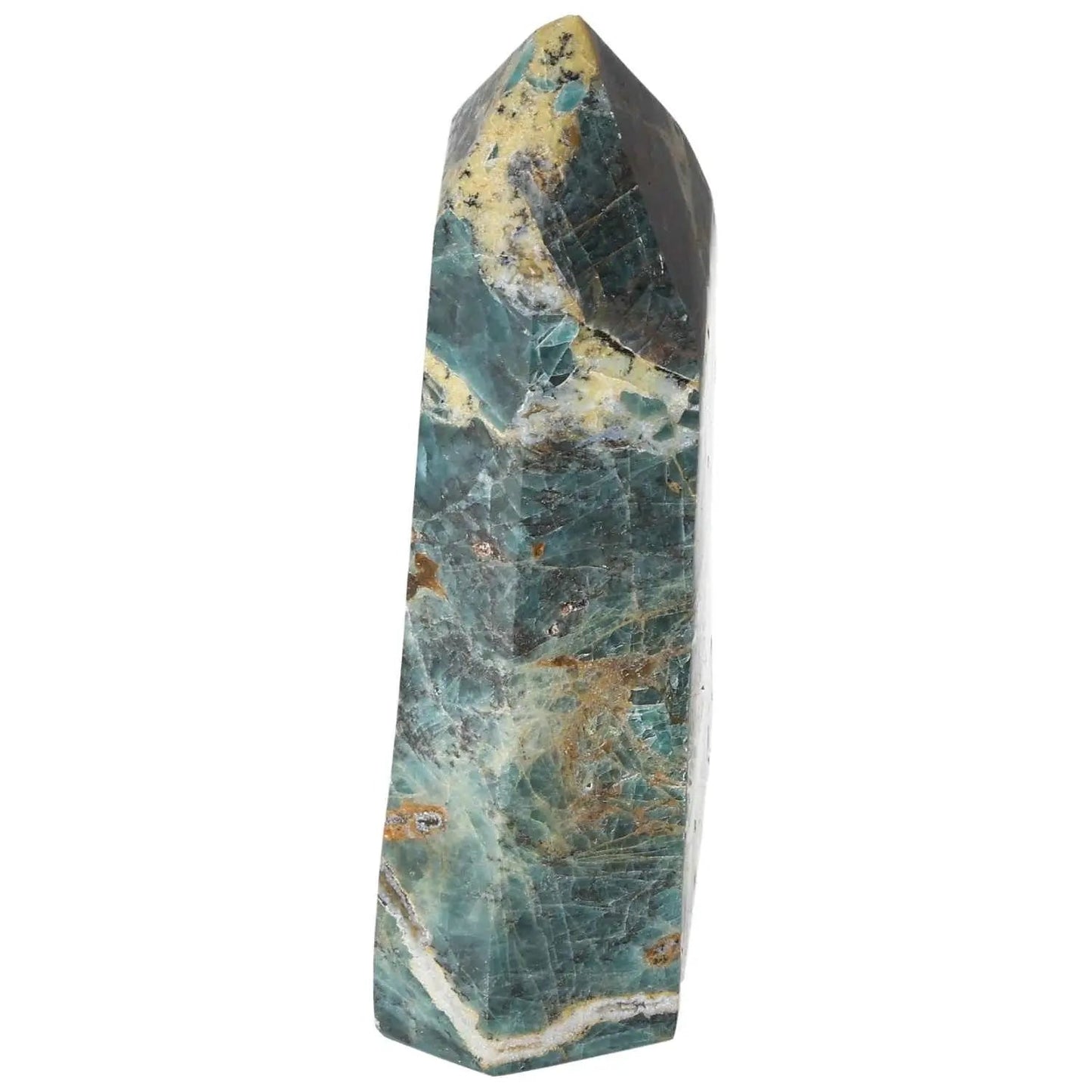Apatite Obelisk by Sylvia Crystals, featuring a vibrant azure hue, represents clarity and communication.