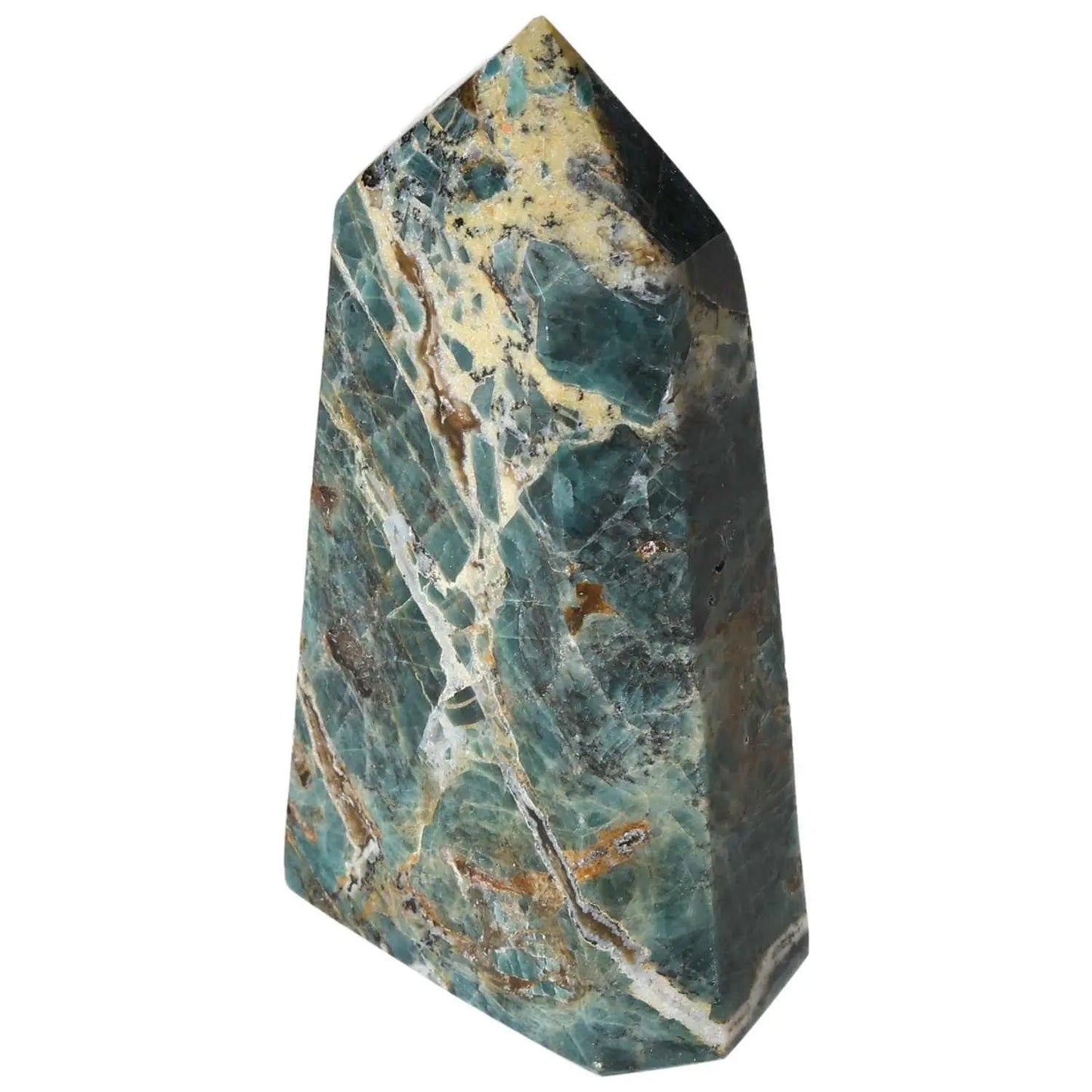 Apatite Obelisk by Sylvia Crystals, featuring a striking azure hue, symbolizing clarity and communication in luxurious design.