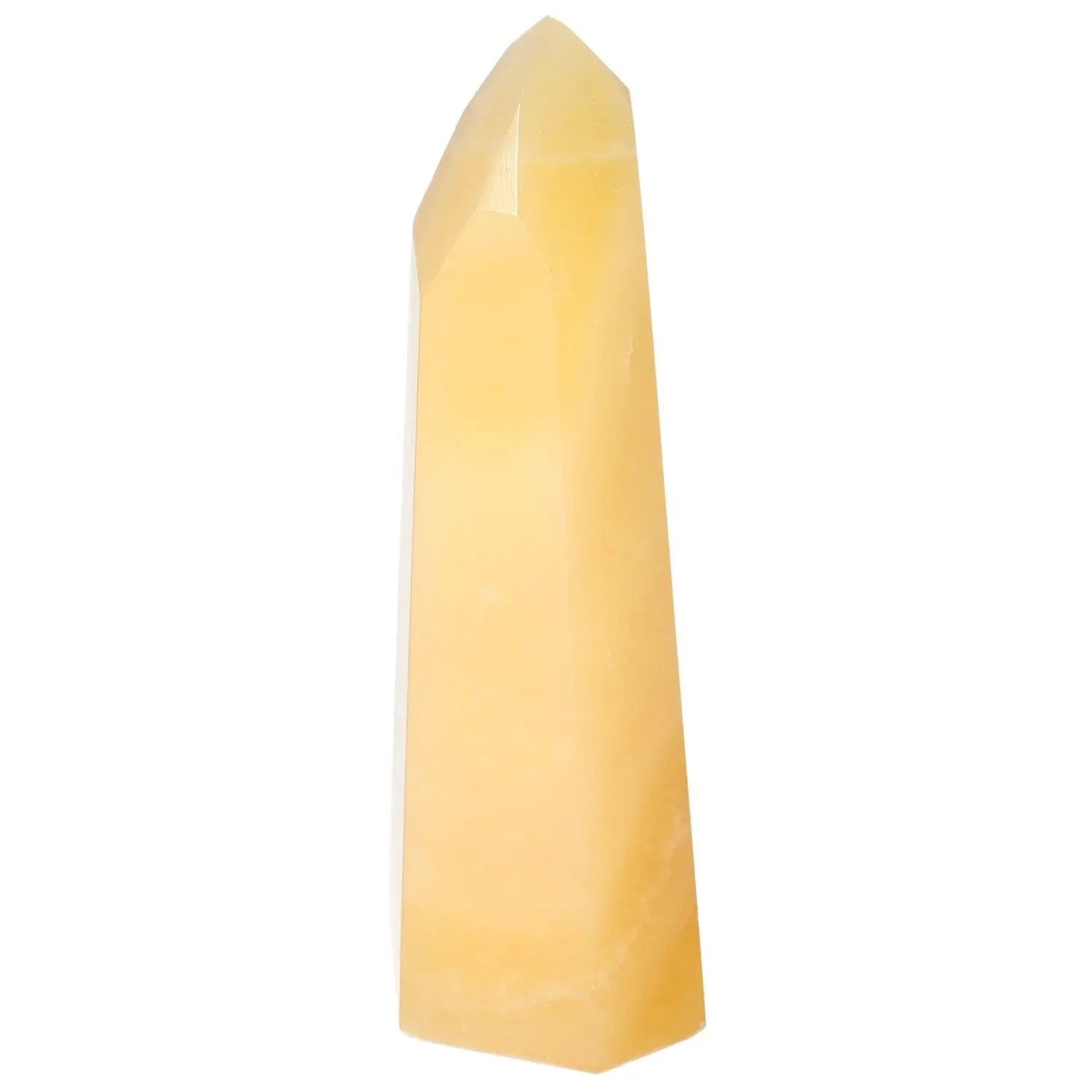 Mexican Calcite Obelisk from Sylvia Crystals, boosts self-confidence and enhances motivation, luxury crystal for personal growth.