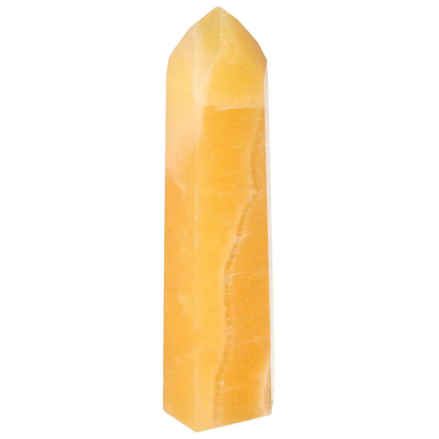 Mexican Calcite Obelisk from Sylvia Crystals, enhancing self-confidence with positive vibrations and elegant natural design.