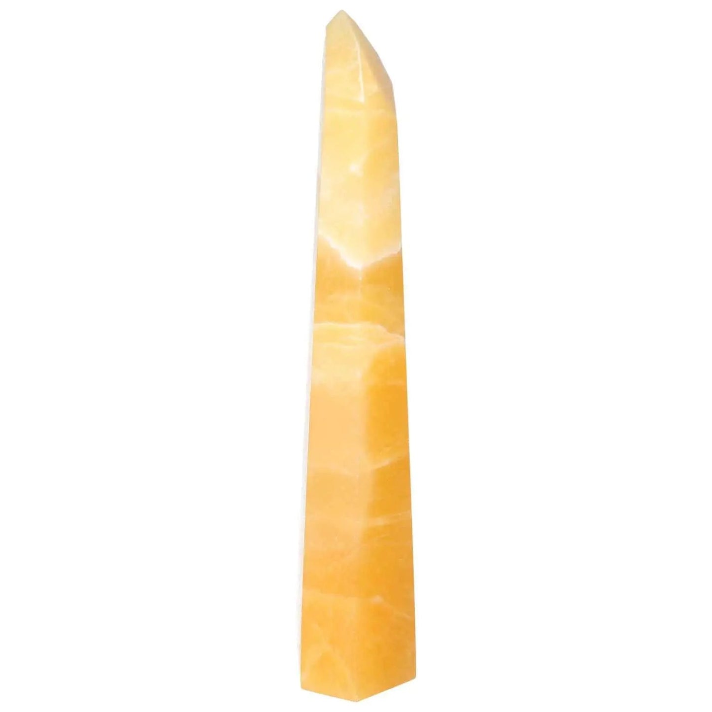 Mexican Calcite Obelisk by Sylvia Crystals, enhancing self-confidence and memory; ideal for goal achievement and elegant decor.