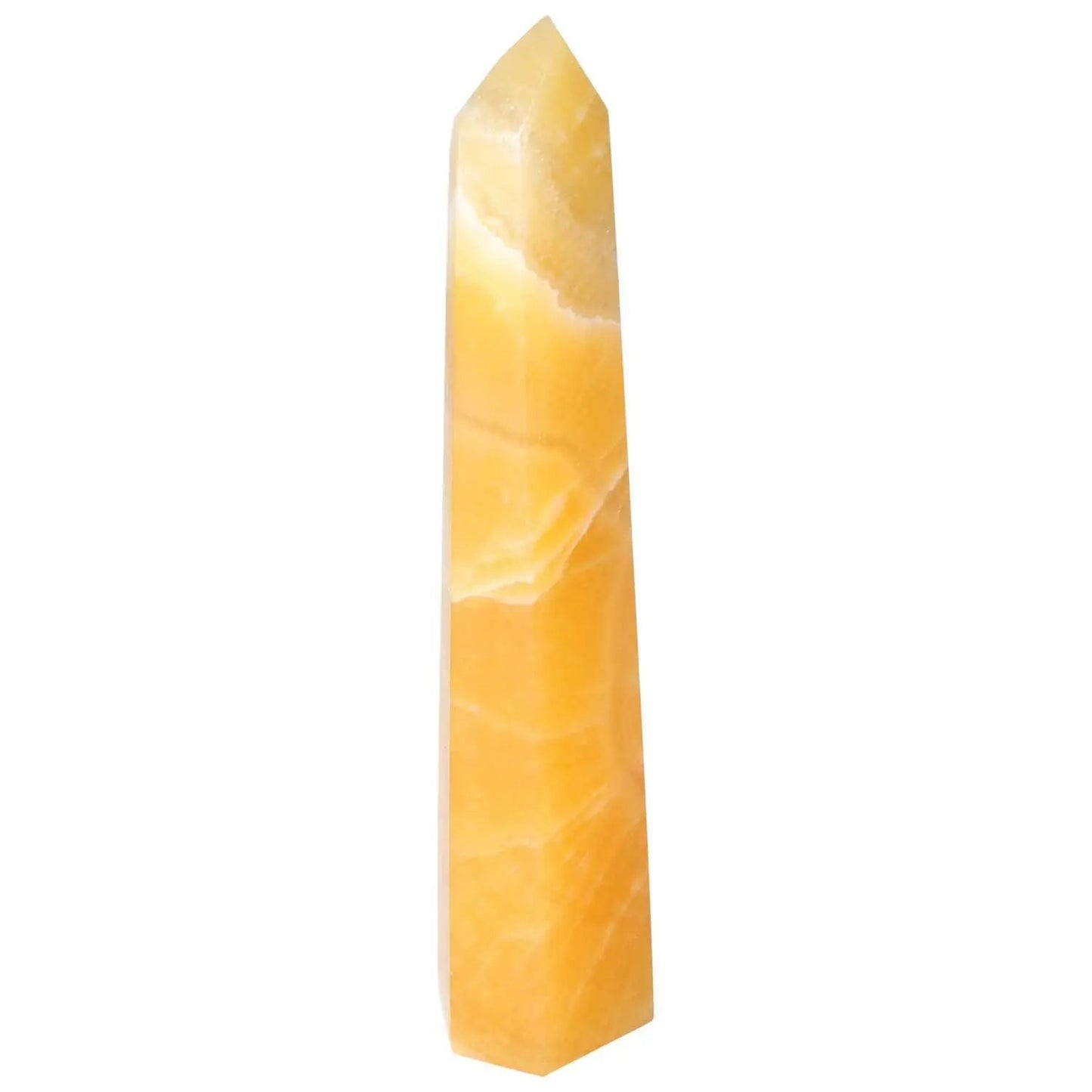 Mexican Calcite Obelisk by Sylvia Crystals, enhances self-confidence and concentration, standing elegantly for decor and energy flow.