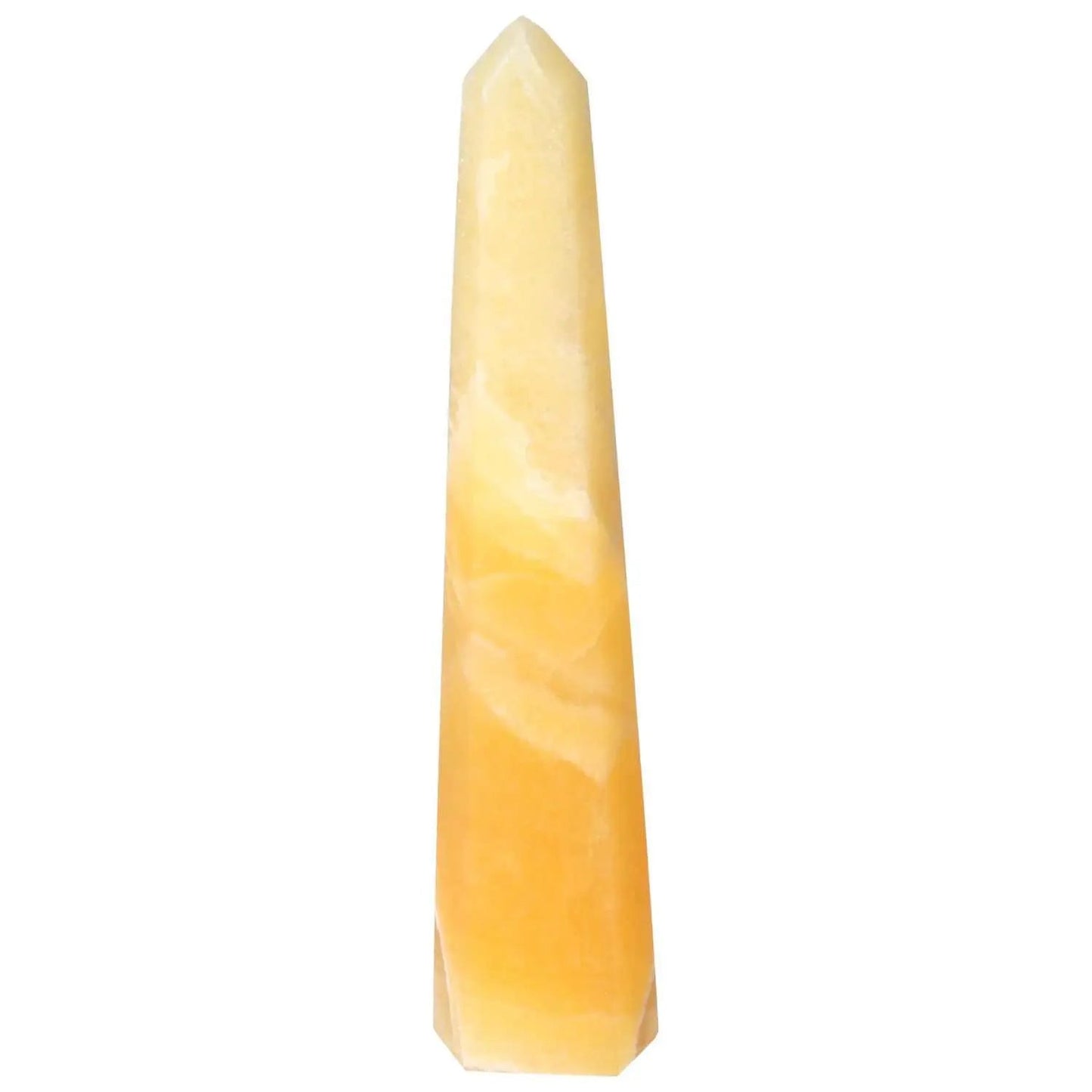 Elegant Mexican Calcite Obelisk from Sylvia Crystals, known for boosting confidence and personal growth, in radiant orange hues.