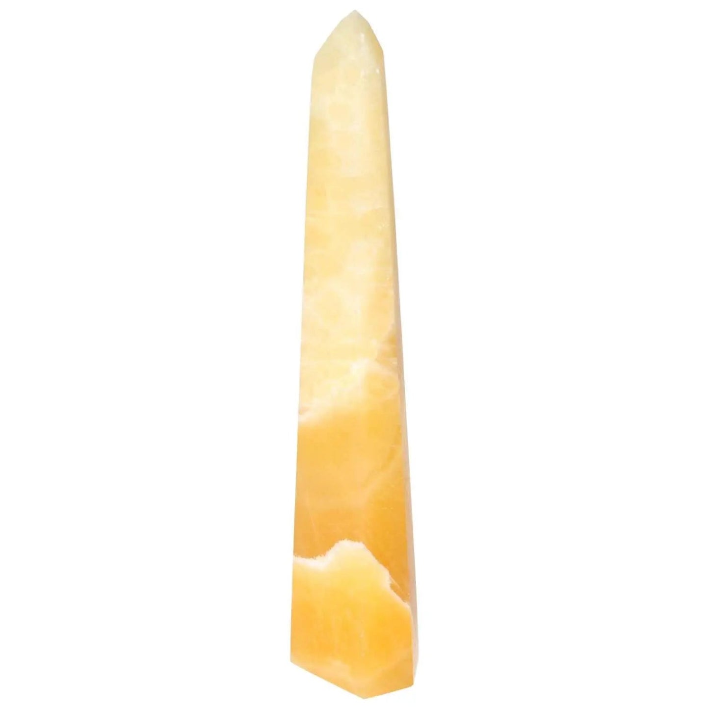 Mexican Calcite Obelisk by Sylvia Crystals, promoting luxury and personal growth. Ideal for boosting self-confidence and achieving goals.