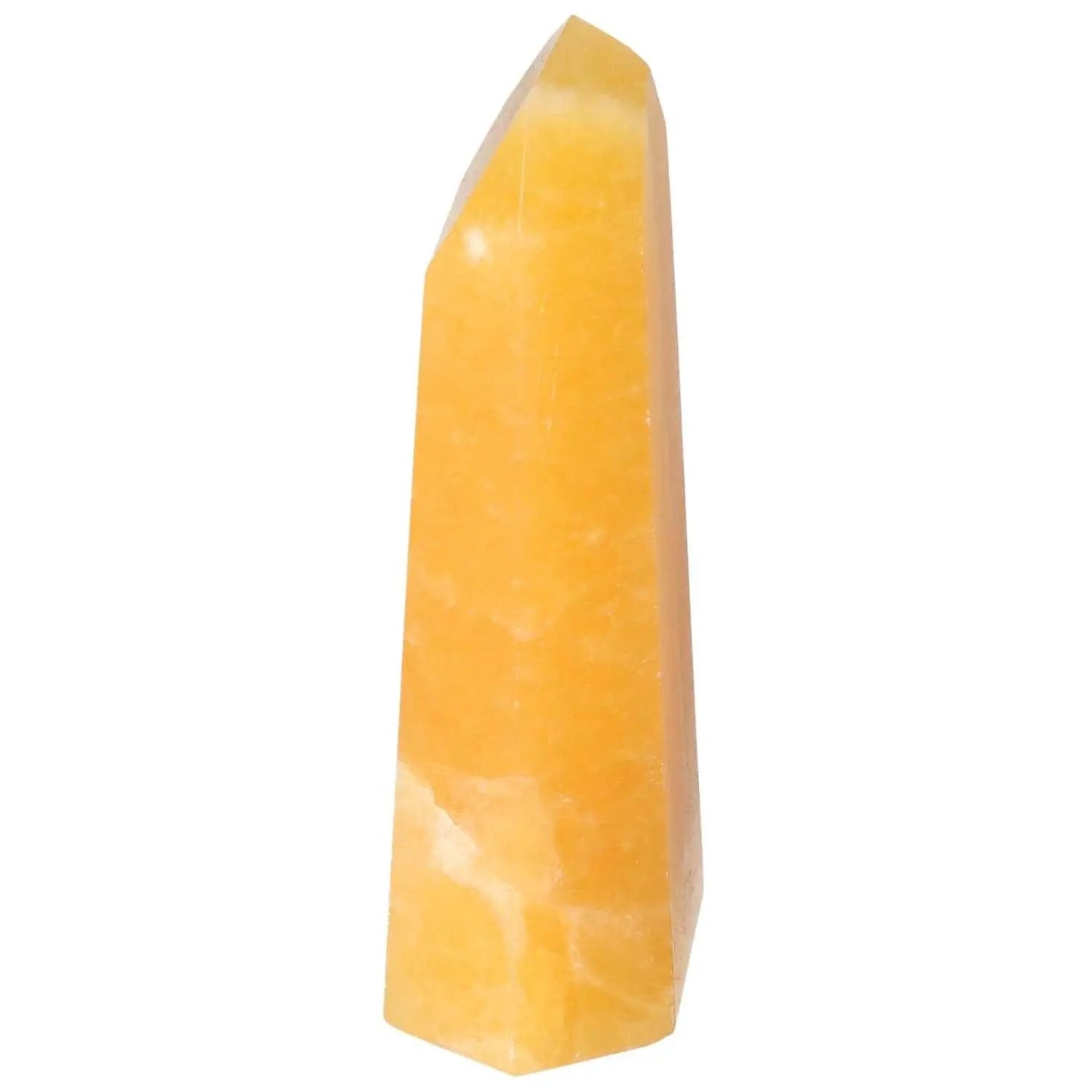 Mexican Calcite Obelisk from Sylvia Crystals, known for enhancing self-confidence and motivation with uplifting energies.