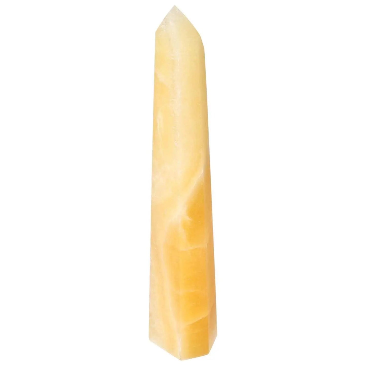 Mexican Calcite Obelisk from Sylvia Crystals - enhances self-confidence, motivation, and energy; premium conscious luxury decor piece.