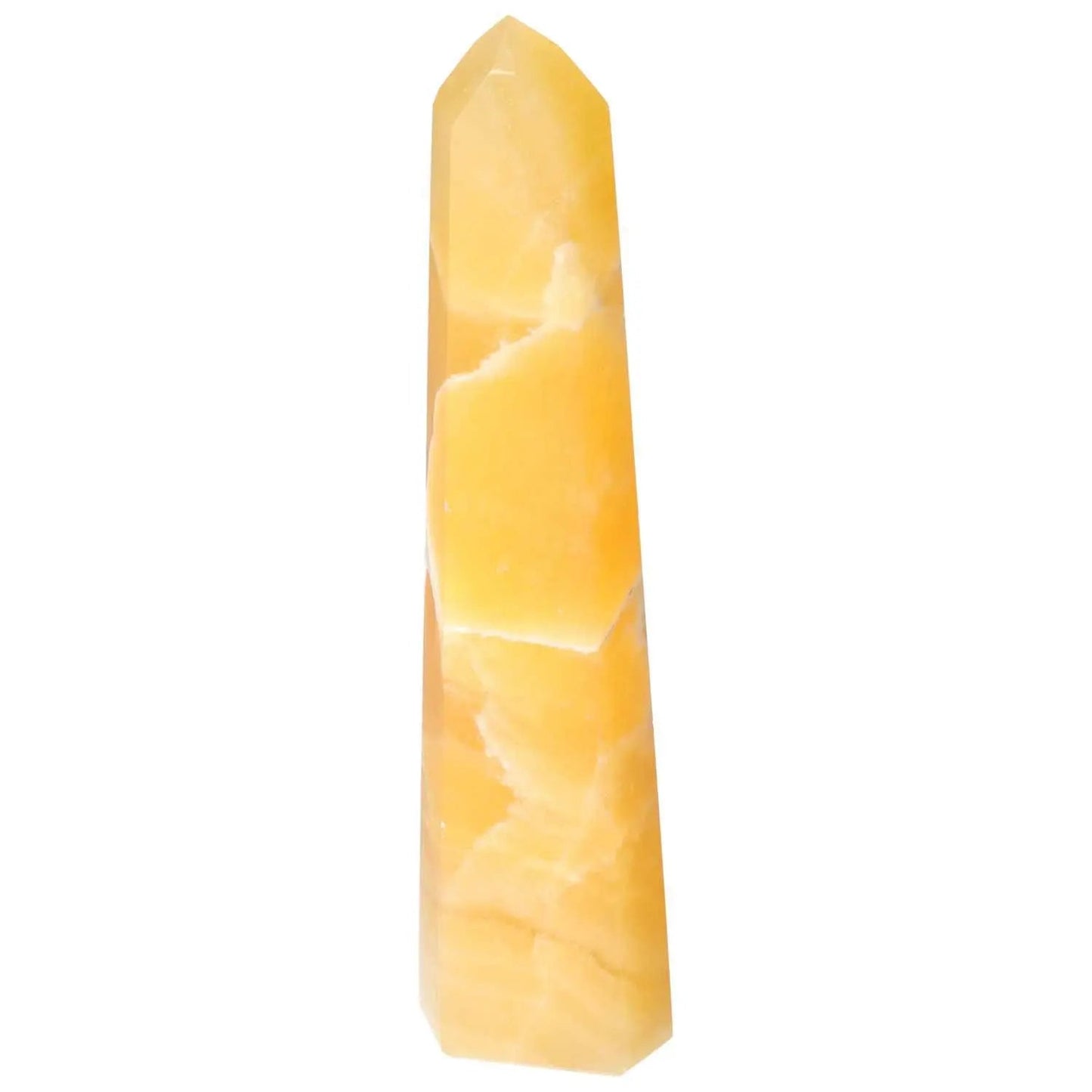Mexican Calcite Obelisk from Sylvia Crystals, a spiritual energy enhancer known for boosting confidence and attracting prosperity.