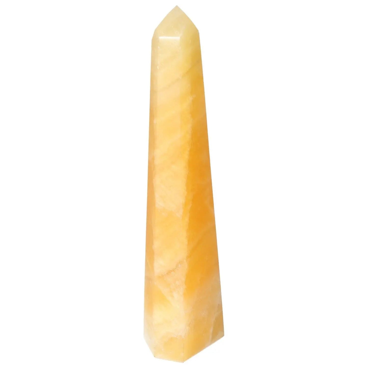 Elegant Mexican Calcite Obelisk from Sylvia Crystals, enhances self-confidence and motivation with transformative energy.