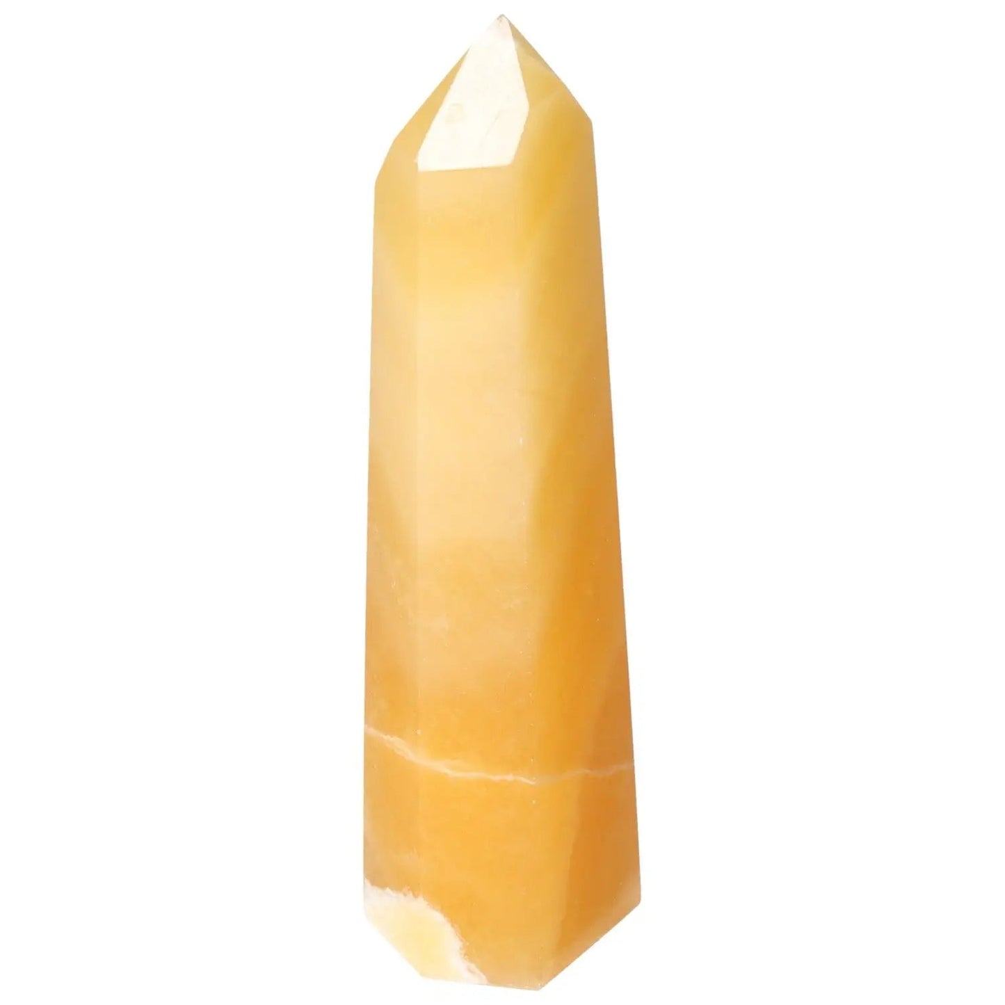 Elegant Mexican Calcite Obelisk from Sylvia Crystals, enhances energy flow and boosts concentration, perfect for home decor and motivation.