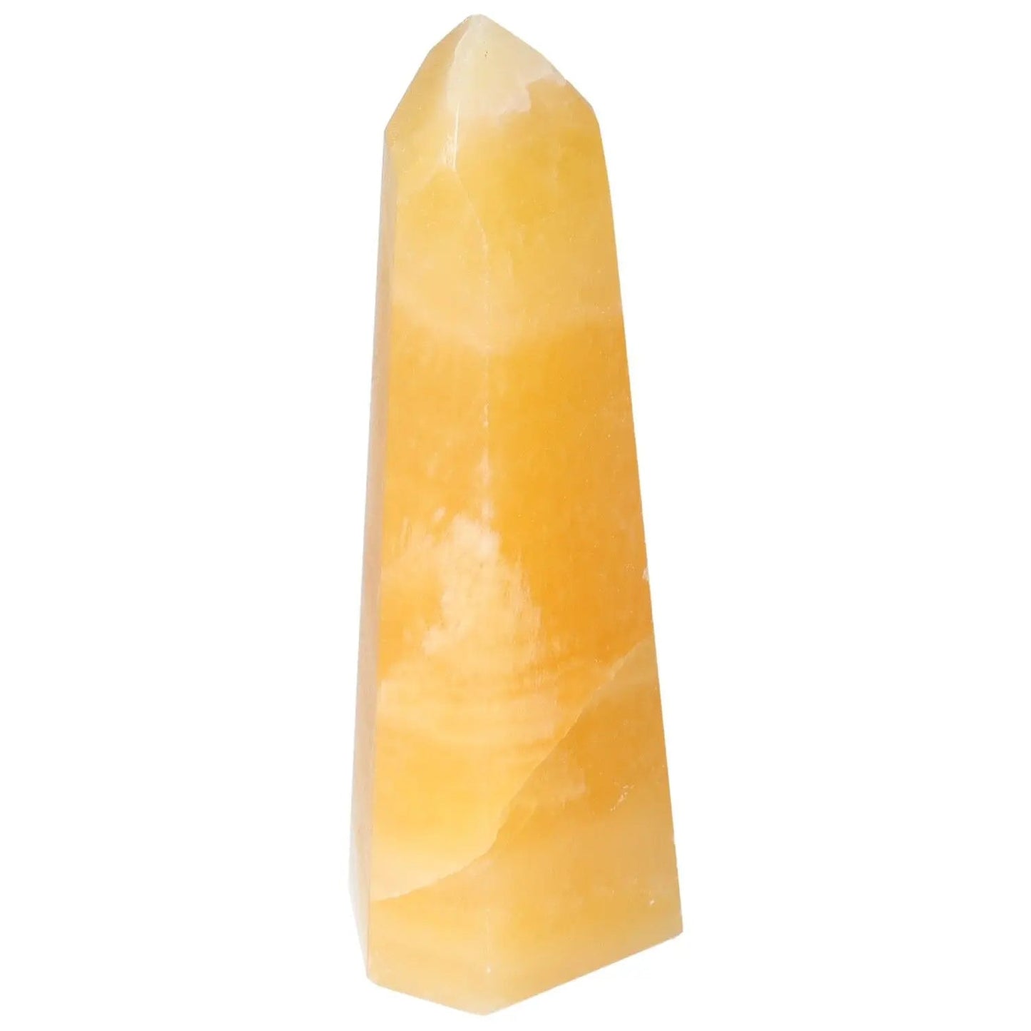 Yellow Mexican Calcite Obelisk from Sylvia Crystals, symbolizing positivity and motivation, enhances self-confidence and goal achievement.