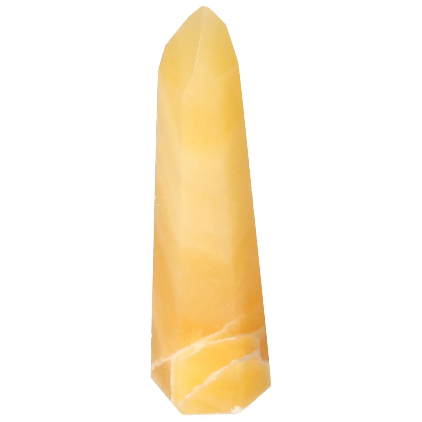 Elegant Mexican Calcite Obelisk from Sylvia Crystals, perfect for enhancing confidence and motivation in students and professionals.