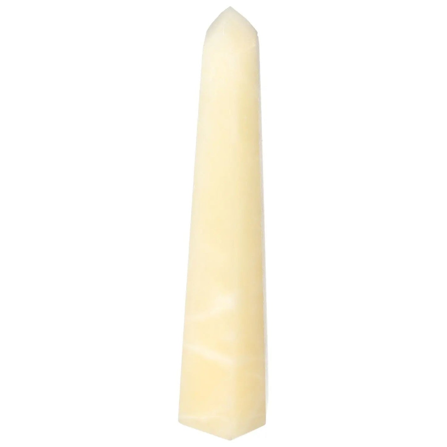 Mexican Calcite Obelisk by Sylvia Crystals, radiating positive energy, boosts self-confidence and motivation for personal growth.