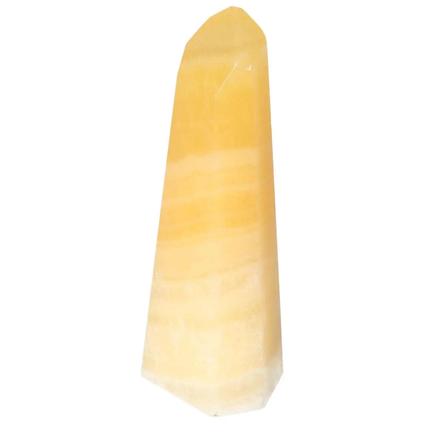 Elegant Mexican Calcite Obelisk from Sylvia Crystals, enhancing self-confidence and clearing negative energies.