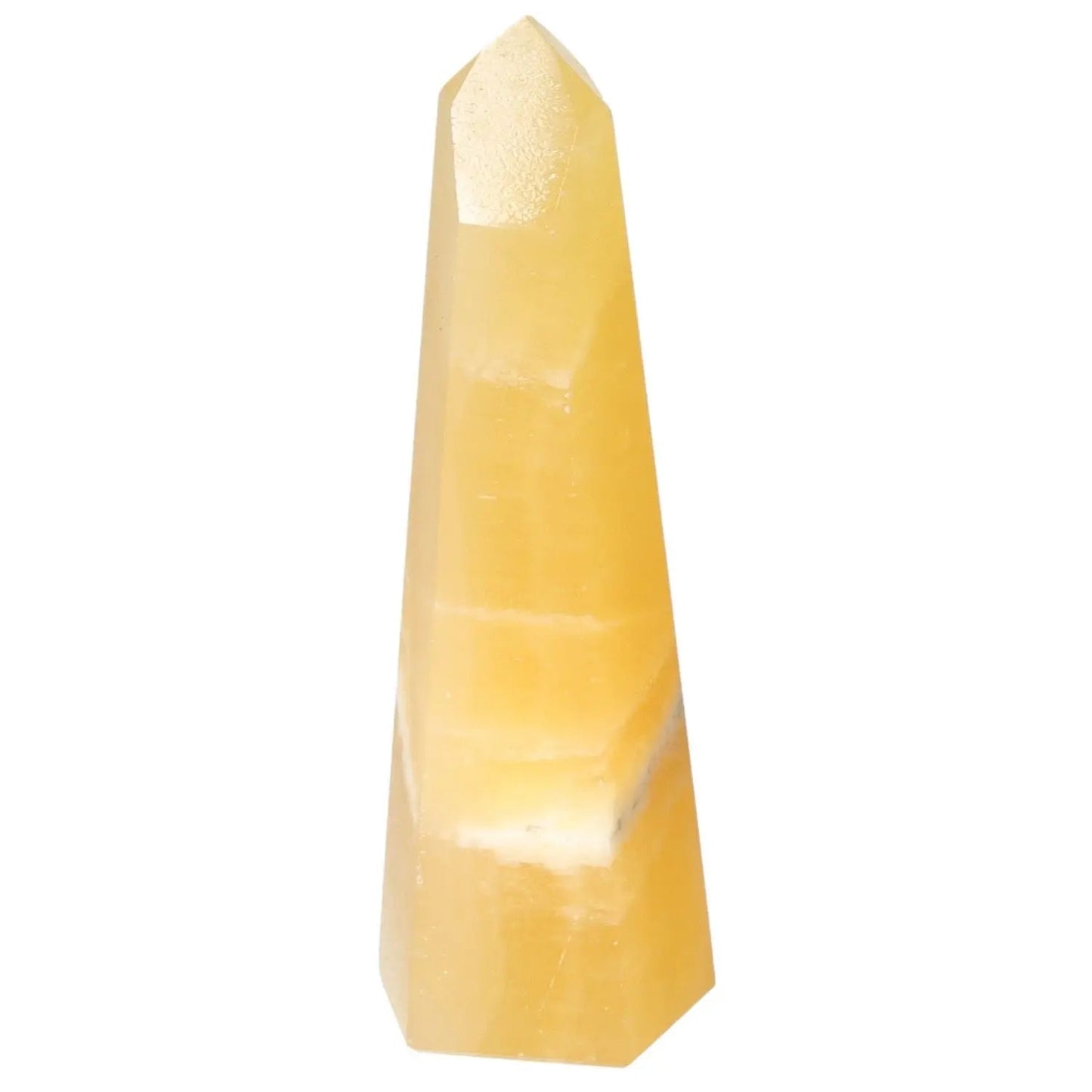 Mexican Calcite Obelisk from Sylvia Crystals, showcasing its premium quality and luxurious appearance in vibrant yellow hues.