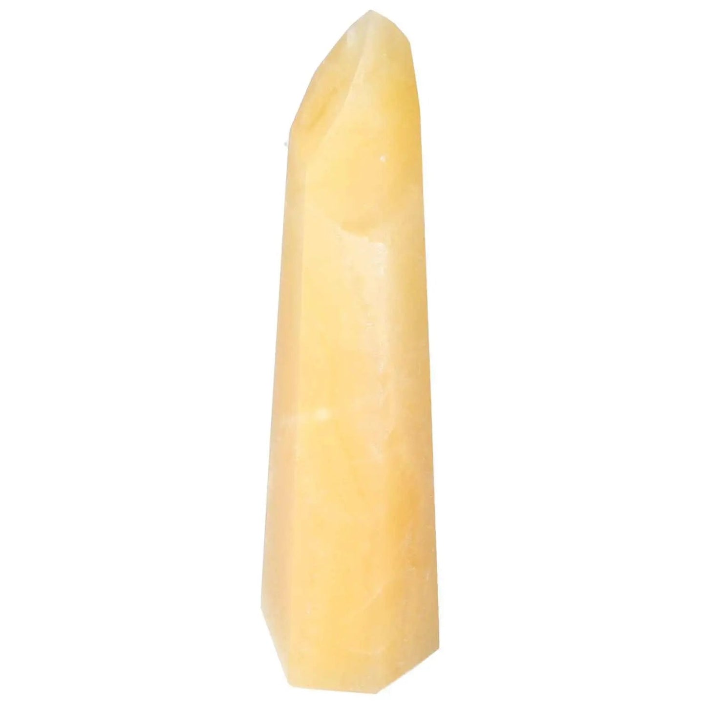 Mexican Calcite Obelisk from Sylvia Crystals, enhancing positivity and self-confidence. Ideal for decorative and spiritual purposes.