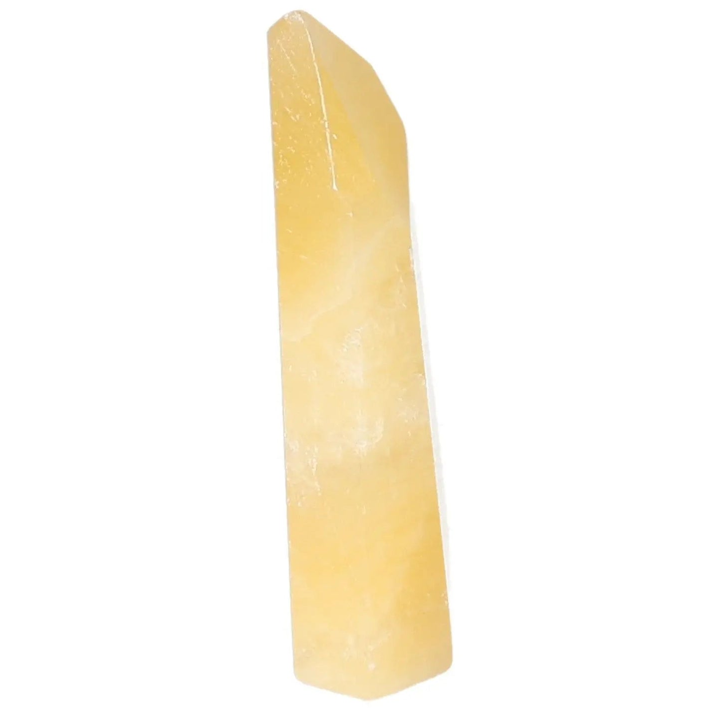 Mexican Calcite Obelisk, premium crystal by Sylvia Crystals, symbolizing positivity and growth, ideal for professional success.