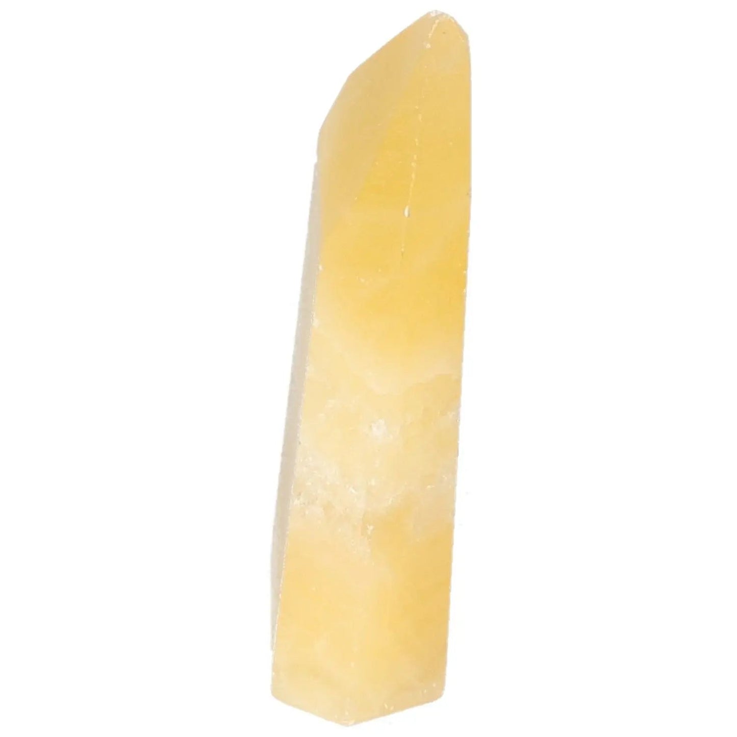 Elegant Mexican Calcite Obelisk from Sylvia Crystals, a symbol of positivity, ideal for personal growth and professional success.
