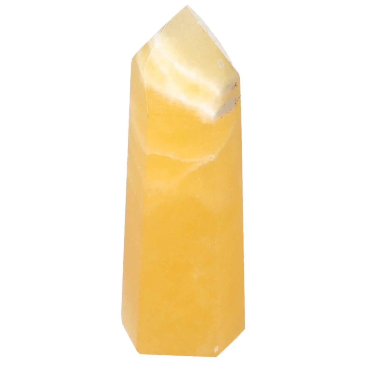 Mexican Calcite Obelisk by Sylvia Crystals, enhances self-confidence and motivation with vibrant energy flow.